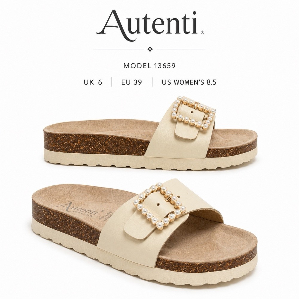 Autenti 13659 Pearl Buckle Leather Slide Sandals Women 8.5 EU 39 Cream Spain